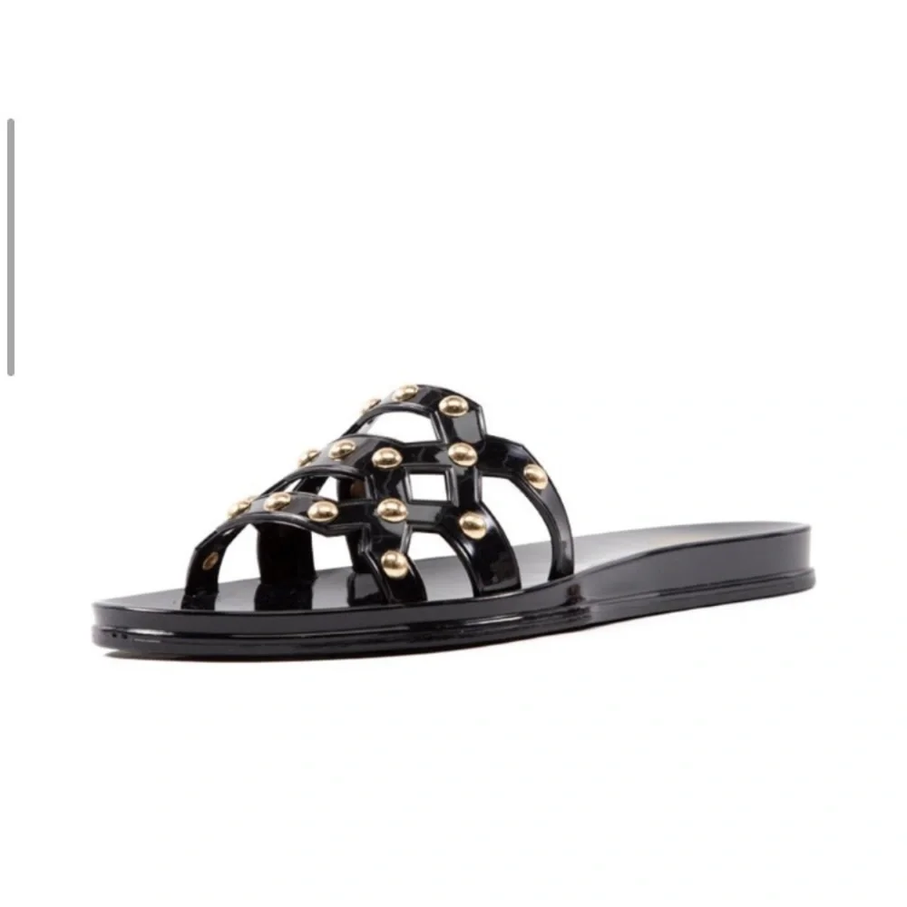 🔥VINCE CAMUTO “Carron” Black Jelly Slides BRAND NEW Size 9 with Gold Studs - Picture 2 of 6